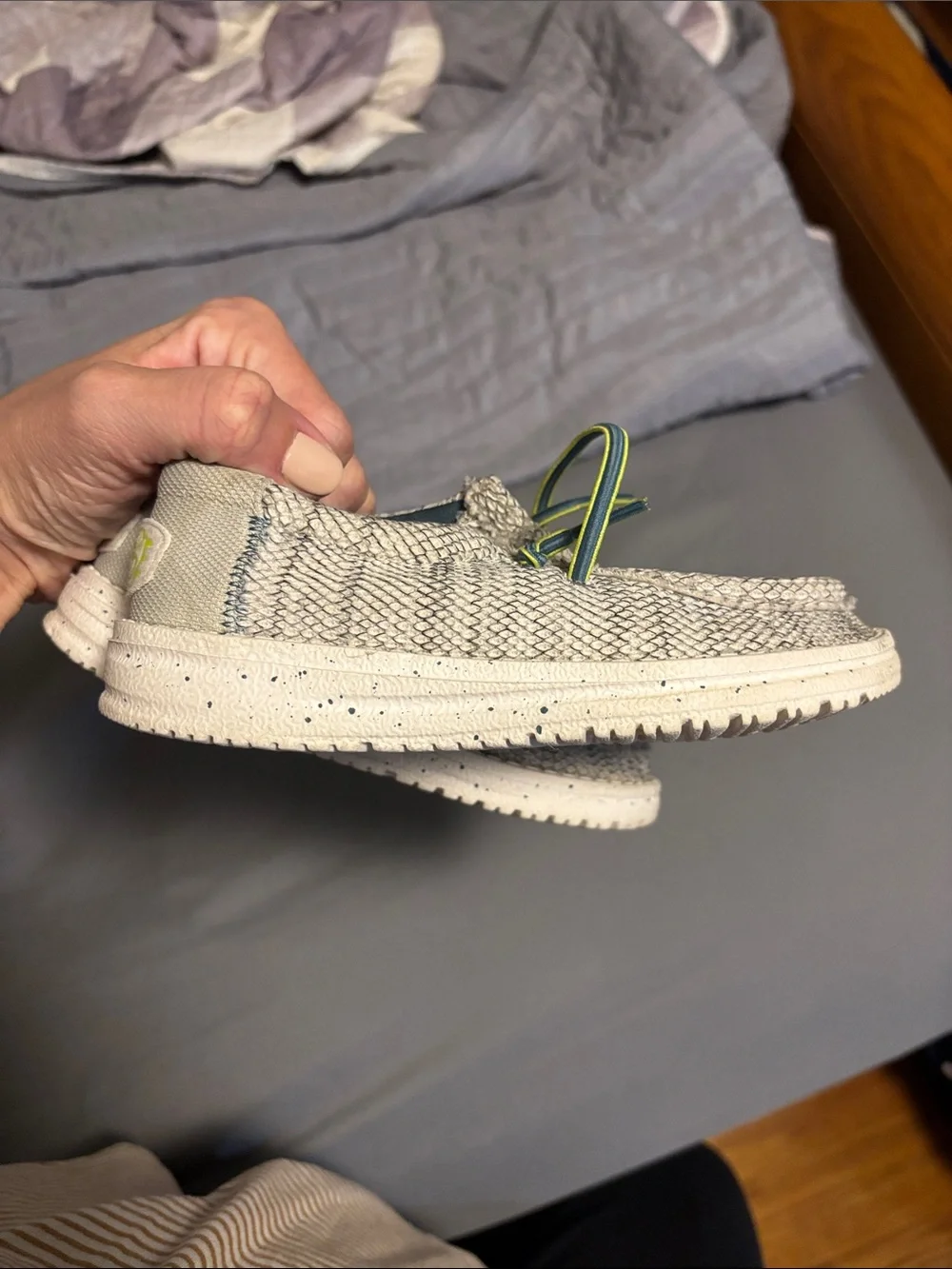 Hey Dude Kids Knit Slip-On Sneakers in Light Gray with Neon Green Accents